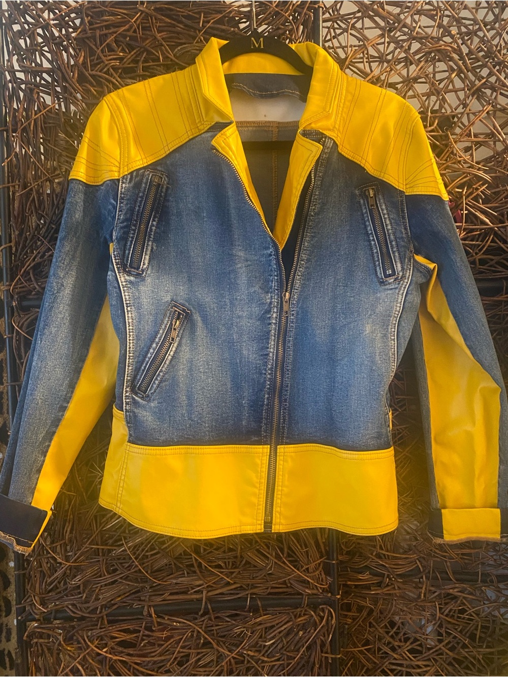 Yellow & Blue Denim Moto Jacket and pant set - Women's